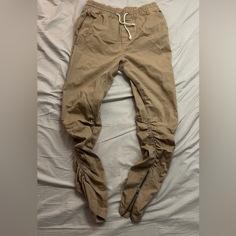 Divided Tan Joggers with Zipper Cuffs and Drawstring Waist